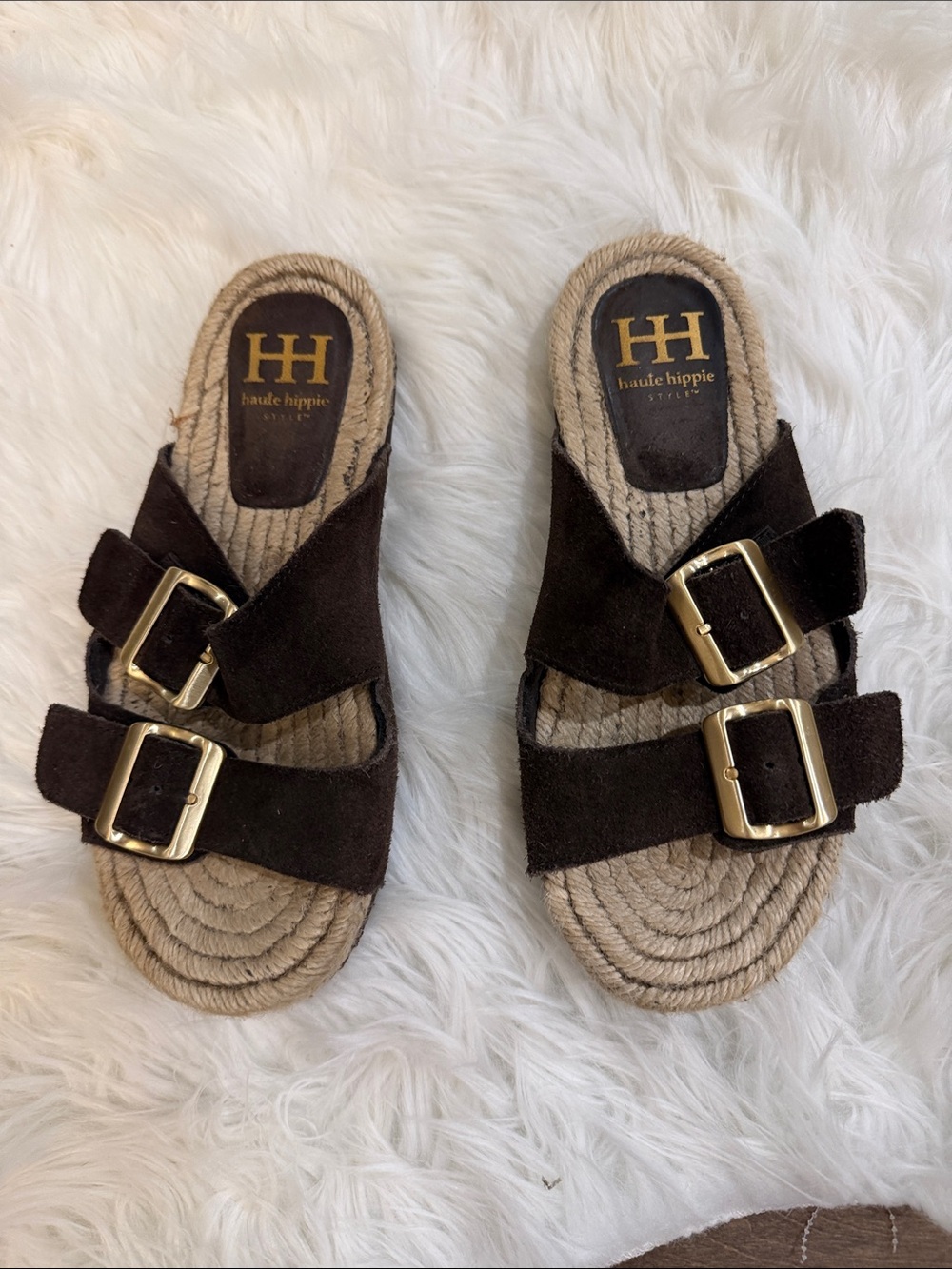 Haute Hippie Brown Suede Double-Buckle Slide Sandals with Gold Buckles
